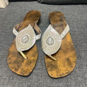 Silver and Brown Thong Sandals with Sparkly Embellishments